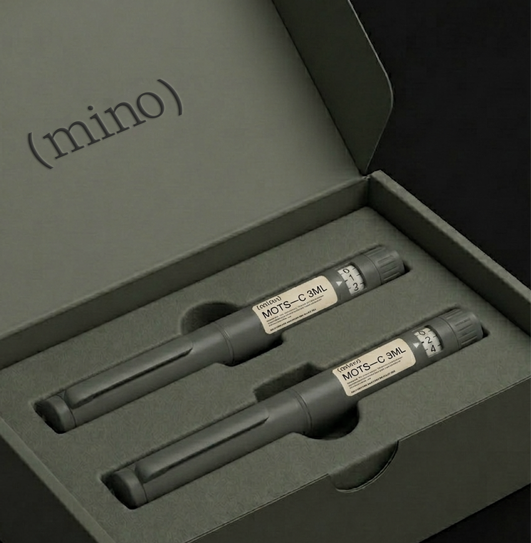 Two Mino MOTS-C injector pens seated in a sage green presentation box